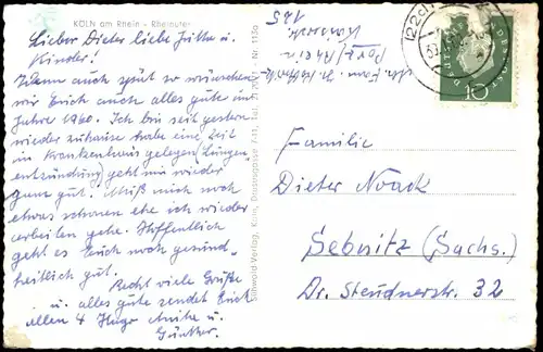 Ansichtskarte Köln Rheinufer, Rhein Schiffe Dampfer, Dom Fernansicht 1960