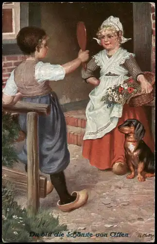 Künstlerkarte "Du bist die Schönste von Allen" (spielende Kinder) 1918