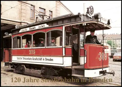 Ansichtskarte Dresden Tram Straßenbahn Historischer Triebwagen Nr. 309 1990