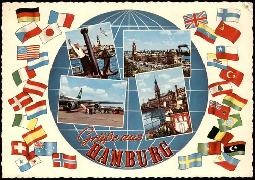 Ansichtskarte Hamburg Mehrbildkarte mit Globus und Länder-Flaggen 1969