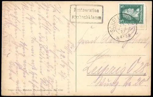 Ansichtskarte Königsee Obersee 1929  Stempel Restauration Almbachklamm