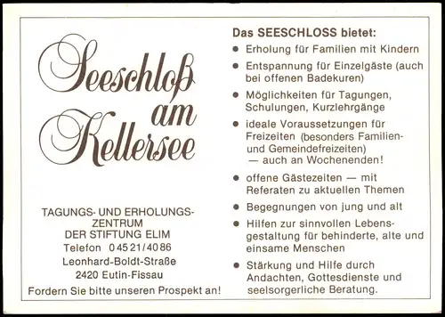 Ansichtskarte Eutin Reklamekarte Seeschloß am Kellersee im OT Fissau 1980