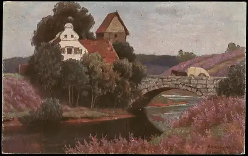 Ansichtskarte  Stimmungsbild Natur Haus an Brücke, Künstlerkarte 1910