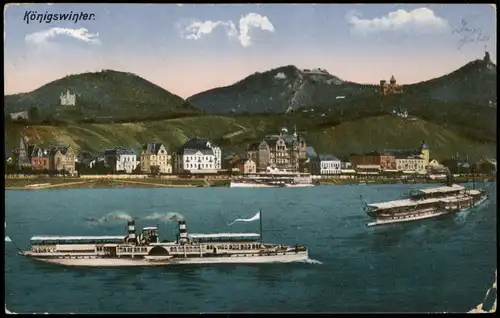 Ansichtskarte Königswinter Panorama-Ansicht mit Rhein-Schiffen 1915   im 1. WK als Feldpost gelaufen mit Stempel GODESBERG