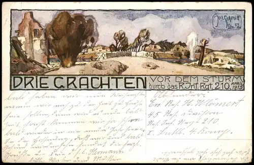 Militär/Propaganda 1.WK Künstlerkarte Drie Crachten vor dem Sturm 1915