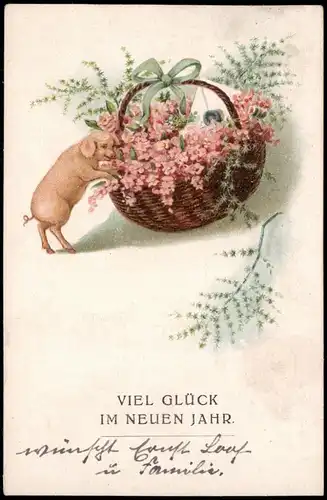 Glückwunsch - Neujahr/Sylvester Glücksschwein - Blumenkorb 1920