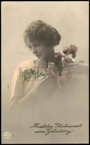 Fotokunst schöne Frau Rosen Colorfoto Glückwunsch Geburtstag Birthday 1912