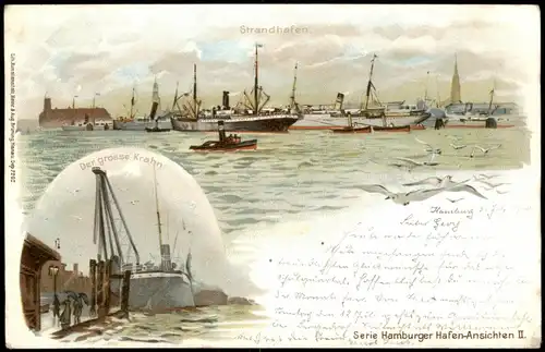 Ansichtskarte Litho AK Hamburg 2 Bild Strandhafen, Der Große Krahn 1900