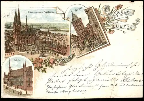 Ansichtskarte Litho AK Lübeck Vogelschau, Rathaus, Burgthor 1909
