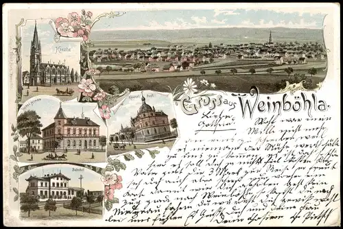 Litho AK Weinböhla Post, Bahnhof, Kirche, Hotel Hinze - Gruss aus 1898
