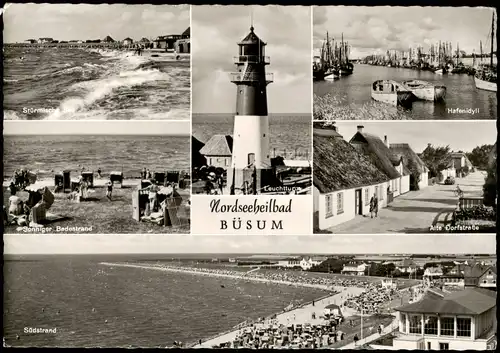 Büsum Mehrbildkarte mit Leuchtturm, Hafen, Strand, Dorfstraße 1960
