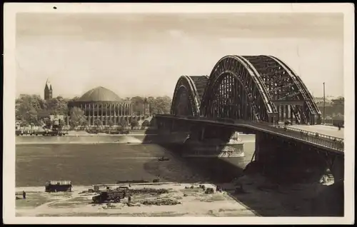 Ansichtskarte Düsseldorf Rheinbrücke mit Rheinhalle (Planetarium) 1932