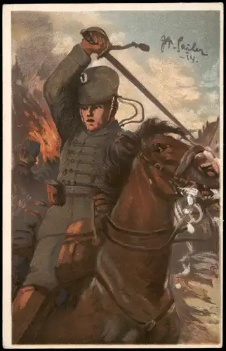 Signierte Künstlerkarte Militär: Reiter mit Schwert zu Pferde 1920