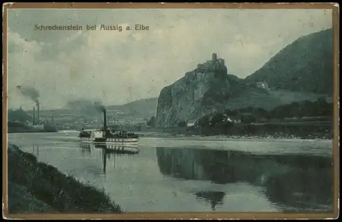 Schreckenstein (Elbe)-Aussig  Ústí nad Labem Panorama  mit Elbe Dampfer 1910