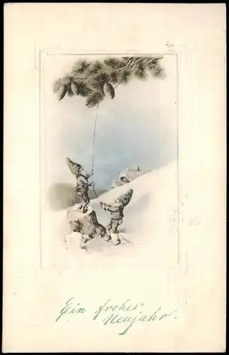 Glückwunsch Neujahr/Sylvester Zwerge Gnome   Tannenzweig 1913 Passepartout