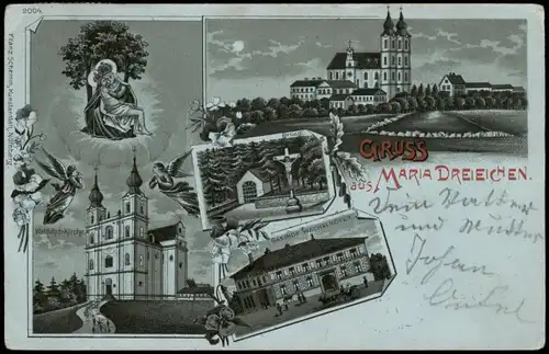 Litho AK Maria Dreieichen Gasthof, Kirchen Gruss aus... Mondschein 1902