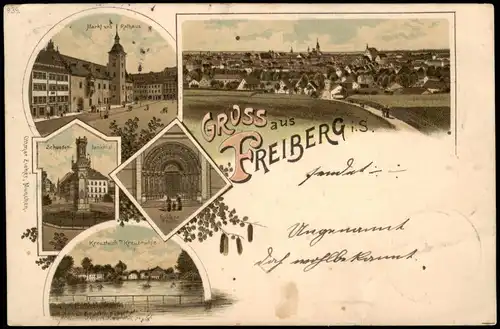 Litho AK Freiberg (Sachsen) Markt, Stadt, Kreuzteich - Gruss aus 1898