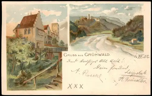 Ansichtskarte Grünwald (Oberbayern) 2 Bild Schloß u. Umland 1902