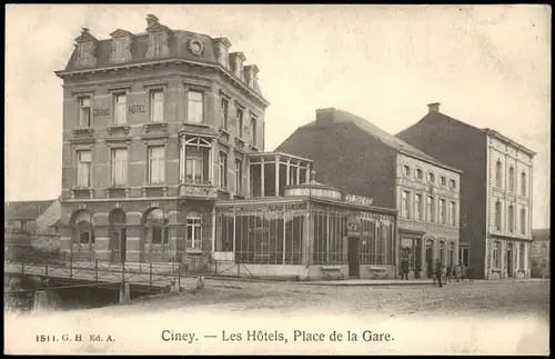 Postkaart Ciney Ciney Les Hôtels, Place de la Gare 1910