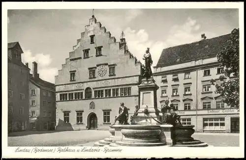 Ansichtskarte Lindau (Bodensee) Rathaus und Lindavía-Brunnen 1950