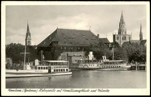 Ansichtskarte Konstanz Hafen mit Bodensee Schiffen 1950