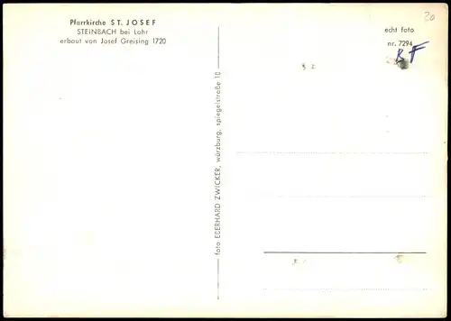 Ansichtskarte  Pfarrkirche ST. JOSEF STEINBACH bei Lohr 1960