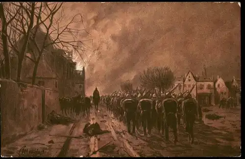 Ansichtskarte  Künstlerkarte Militär Marschierende Soldaten 1915  Stempel CALBE