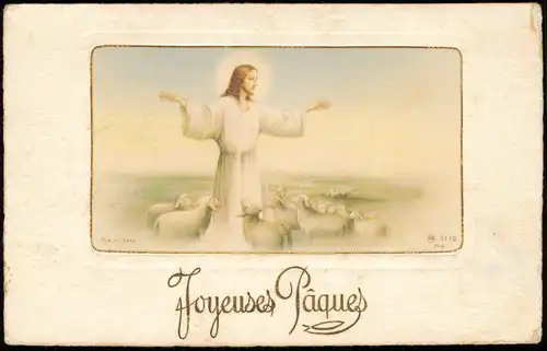 Glückwunsch Ostern / Easter Goldrahmen Jesus in Schafsherde 1912
