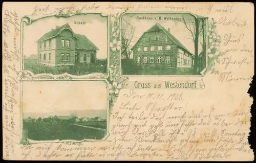 Ansichtskarte Westendorf-Rinteln Schule, Gasthaus Wilkening, Totale 1904