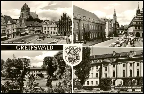 Ansichtskarte Greifswald Plätze, Bahnhof, Universität 1968