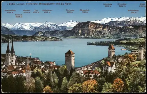 Ansichtskarte Luzern Lucerna Hofkirche, Museggtürme und die Alpen 1913