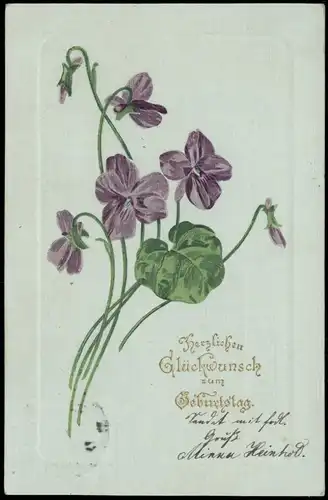 Glückwunsch Geburtstag Birthday - Veilchen Jugendstil-Prägekarte 1906 Prägekarte