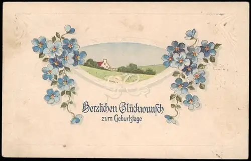 Glückwunsch Geburtstag Birthday Veilchen, Jugenstil-Ornament 1907 Prägekarte