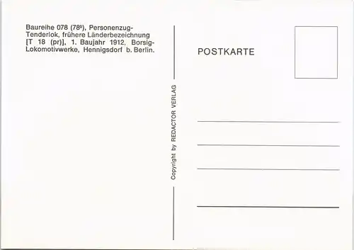Eisenbahn Motivkarte Dampflok Baureihe 078 Personenzug-Tenderlok 1990