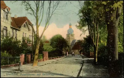 Herford Bielefelderstr. mit Radewiegerkirche 1909(Bahnpoststempel Zug 20)