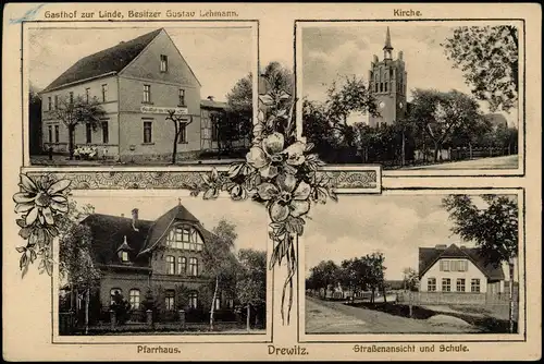 Ansichtskarte Drewitz-Möckern Gasthaus, Kirche, Pfarrhaus, Straße 1911