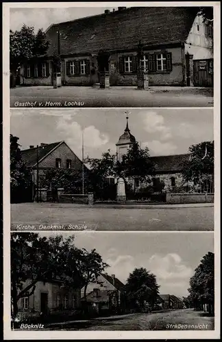 Ansichtskarte Bücknitz-Ziesar Straße, Gasthof, Kirche 1936