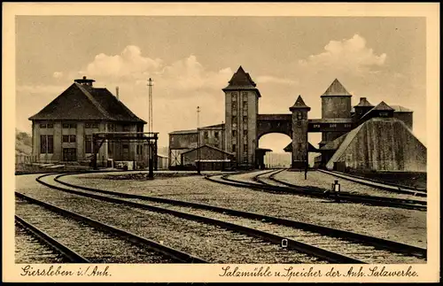 Ansichtskarte Giersleben-Saale-Wipper Bahnstrecke, Salzwerke und Mühle 1935