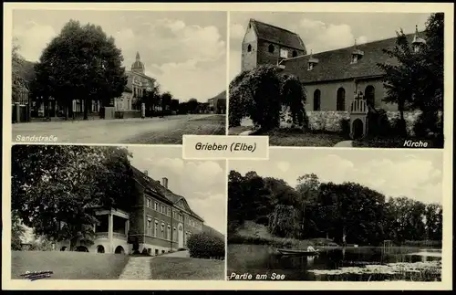 Grieben-Tangerhütte (Altmark) Mehrbild-AK Sandstraße, Kirche, Partie am See 1910