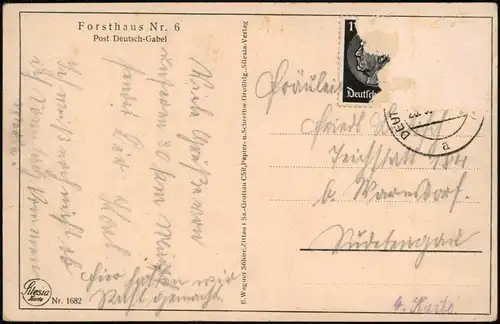 Postcard Deutsch Gabel Jablonné v Podještědí Forsthaus Nr. 6 1938