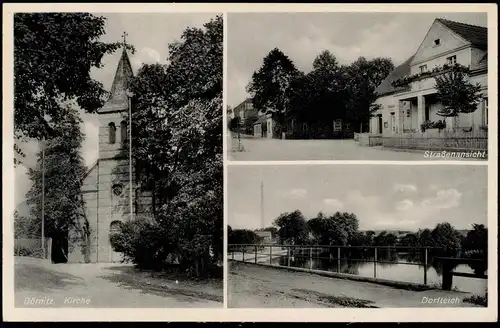 Dörnitz Mehrbildkarte mit 3 Ortsansichten (Kirche, Dorf-Teich, Straße) 1910