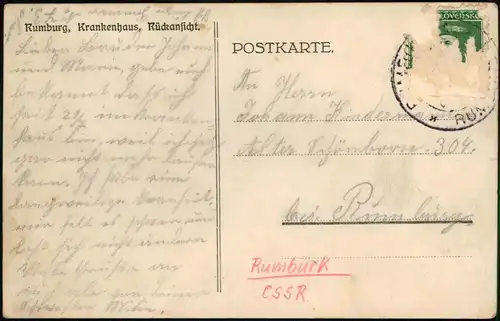 Postcard Rumburg Rumburk Krankenhaus Gebäude Rückansicht 1925