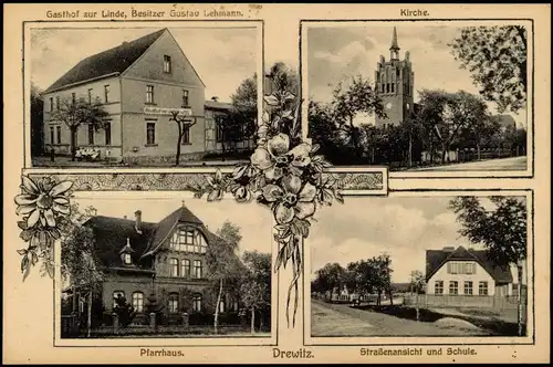 Drewitz-Möckern MB-AK: Gasthof Zur Linde, Kirche, Pfarrhaus, Schule 1910