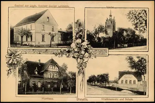 Drewitz-Möckern Mehrbild-AK Schule, Pfarrhaus, Gasthof Zur Linde  1910
