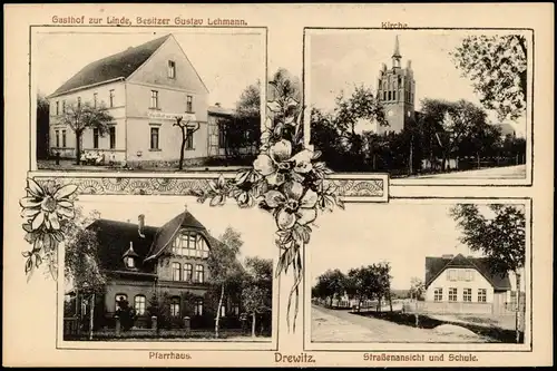 Drewitz-Möckern Mehrbildkarte Gasthof Zur Linde, Schule, Pfarrhaus & Kirche 1910