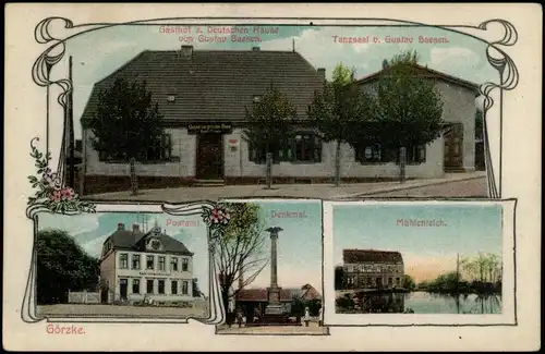 Görzke MB-AK Gasthof/Tanzsaal Baesen, Postamt, Denkmal, Mühlenteich 1910