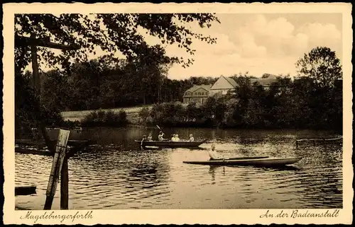 Magdeburgerforth-Möckern An der Badeanstalt, Personen in Ruderbooten 1925