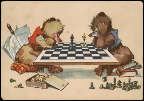 Ansichtskarte  Tiere beim Schachspiel CSSR Tschechien Künstlerkarte 1949