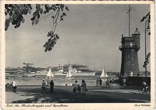 Ansichtskarte Kiel Hindenburgufer und Signalturm - Kriegsschiff 1938