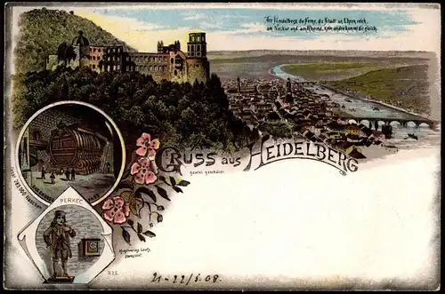 Litho AK Heidelberg Panorama-Ansicht Gruss-Aus-Litho (Mehrbildkarte) 1900